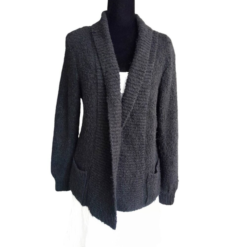 Vtg Jason Maxwell Open Chunky Cardigan Shawl Collar Fuzzy Pockets Size S Black